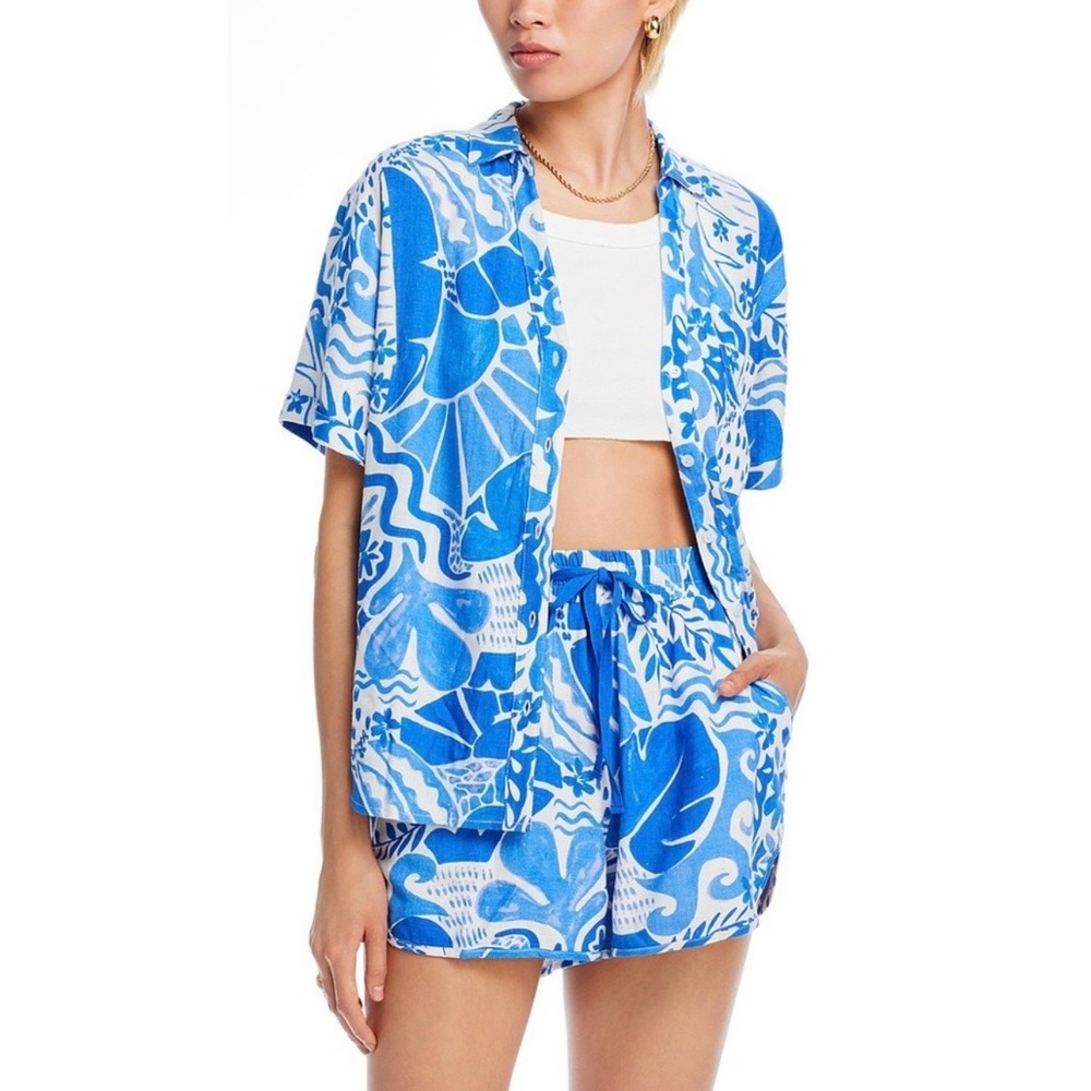 AQUA Womens Blue White Tropical Linen Blend Shirt and Shorts Set Size Small